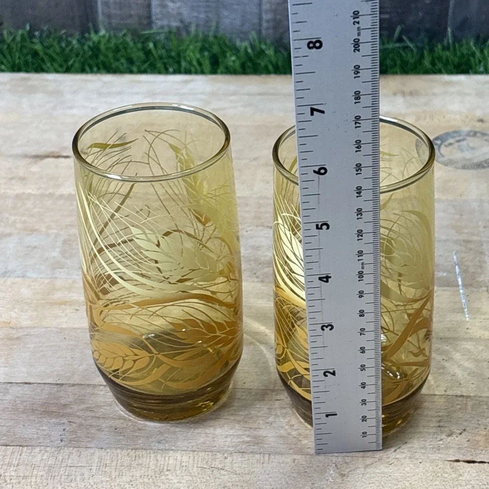 Vintage Anchor Hocking Wheat Amber Drinking Glasses Set of 2 Tumblers 70s